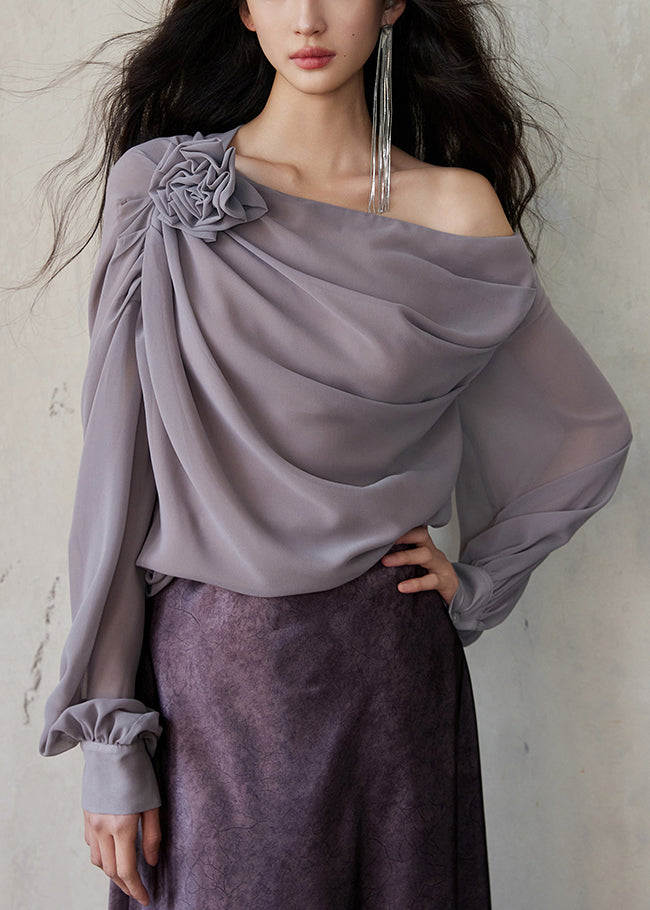 Chemise asymétrique à manches longues en mousseline de soie grise unie