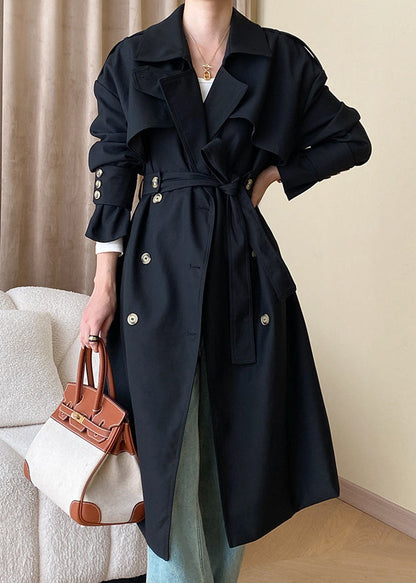 Black Button Cotton Long Trench Coat Peter Pan Collar Fall AF1034