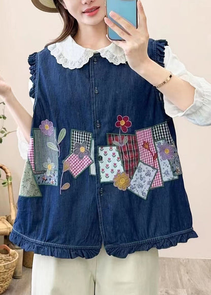 Cute Navy Embroidered Patchwork Button Waistcoat Sleeveless NN038