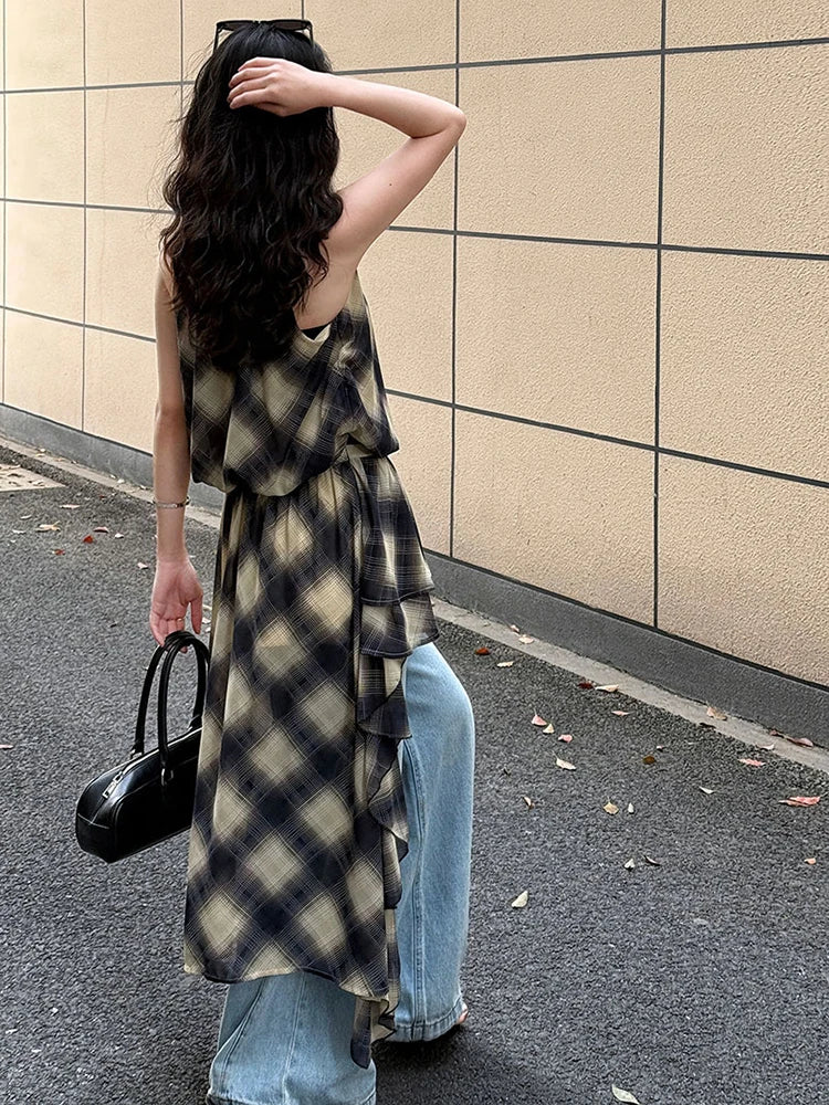 Asymmetrisches Khaki Plaid Neck Sleeveless Top High-Low Uniaue Halter 