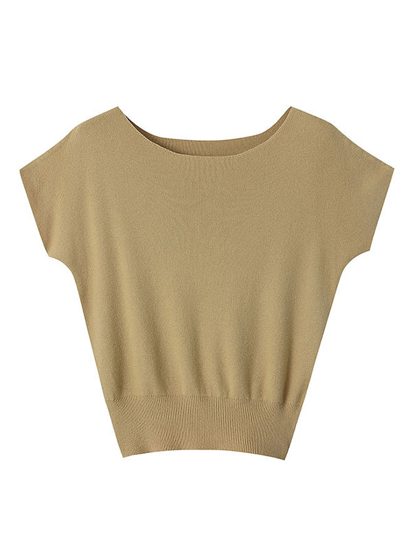 Haut à manches courtes rose en tricot, col bateau ample et élégant