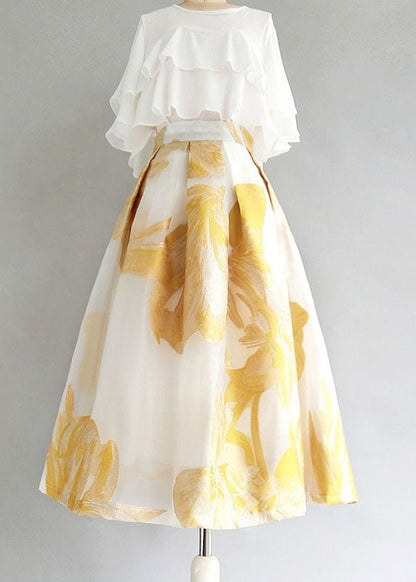 Women Yellow Wrinkled Patchwork Embroidered Tulle Skirt Summer AZ1038