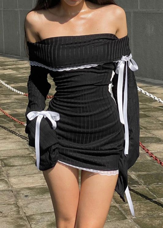 Lace Cotton Bow Dress Knitting Black Spring Neck Slim Fit Slash