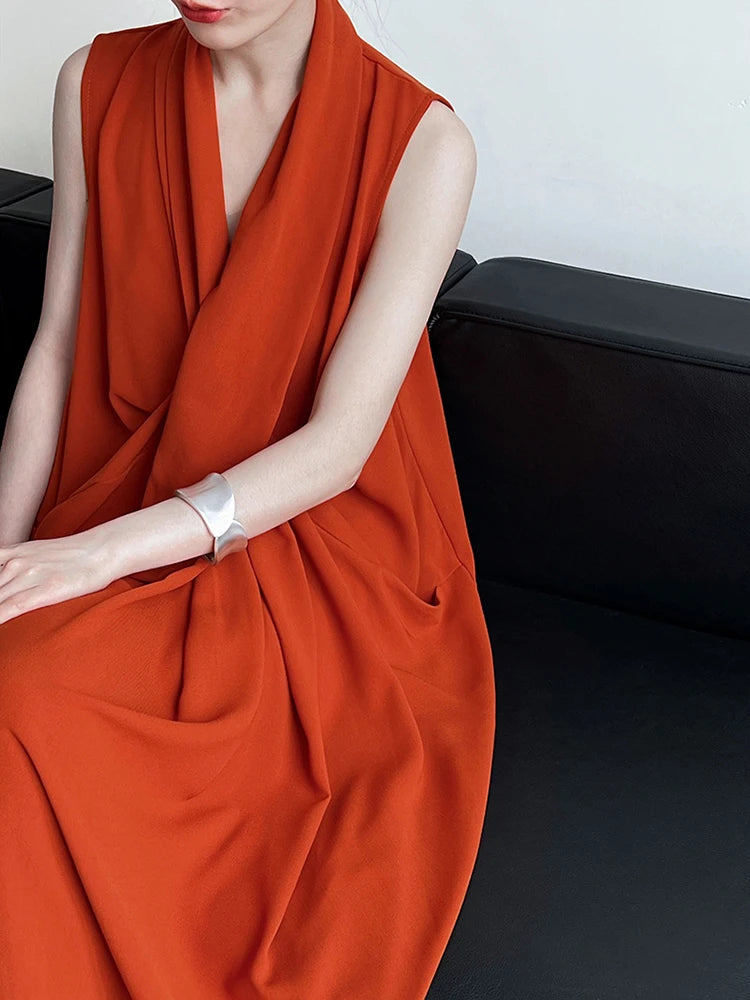Pockets with Draped Sleeveless Dress Elegant Midi