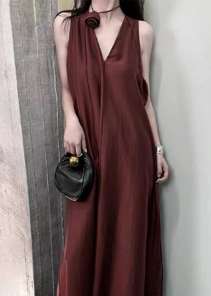 French Style Mulberry V Neck Silk Party Dress Sleeveless EE032