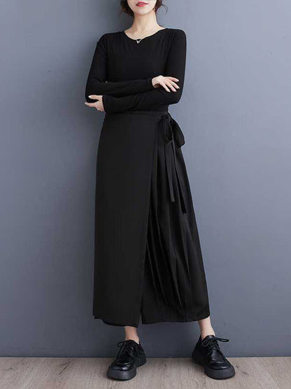 Stylish Black Elasticity High Waisted Asymmetric Tied Patchwork Pleated Ninth Pants WS015