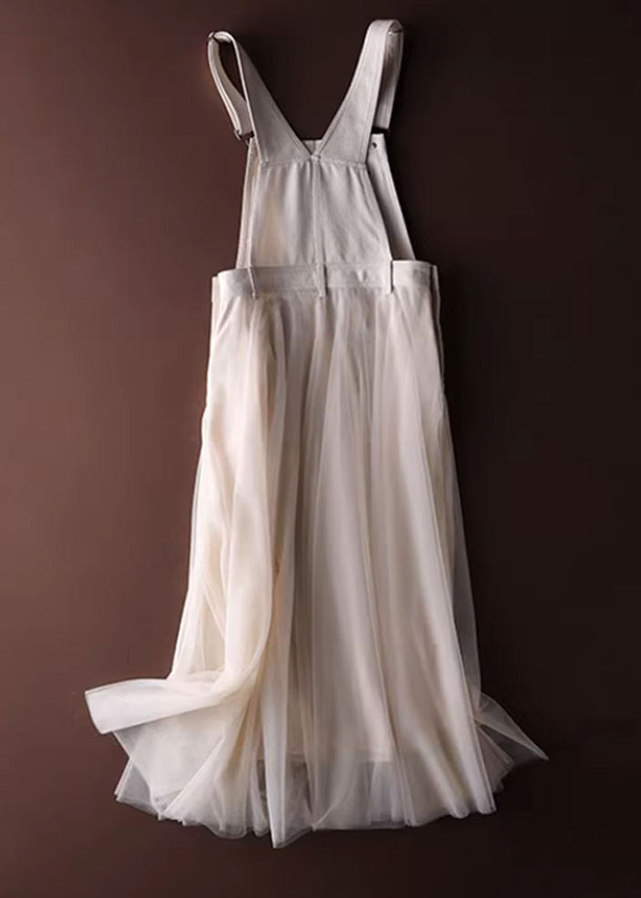 Unique Dress White Summer Patchwork Tulle Denim Strap