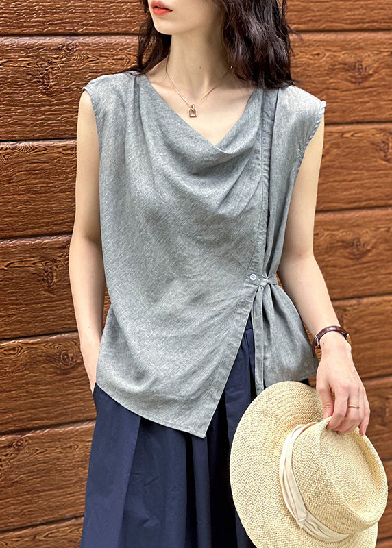 New Grey Asymmetrical Button Cotton Top Summer AF1039