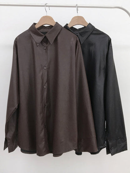 Urban Black Lapel Buttoned Long Sleeves Pu Leather Shirt WS006