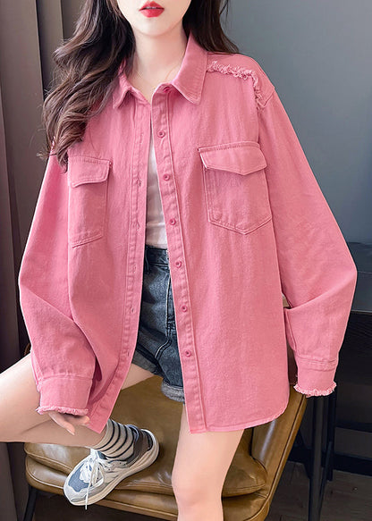 Casual Pink Peter Pan Collar Pockets Denim Shirts Coat Fall QX021