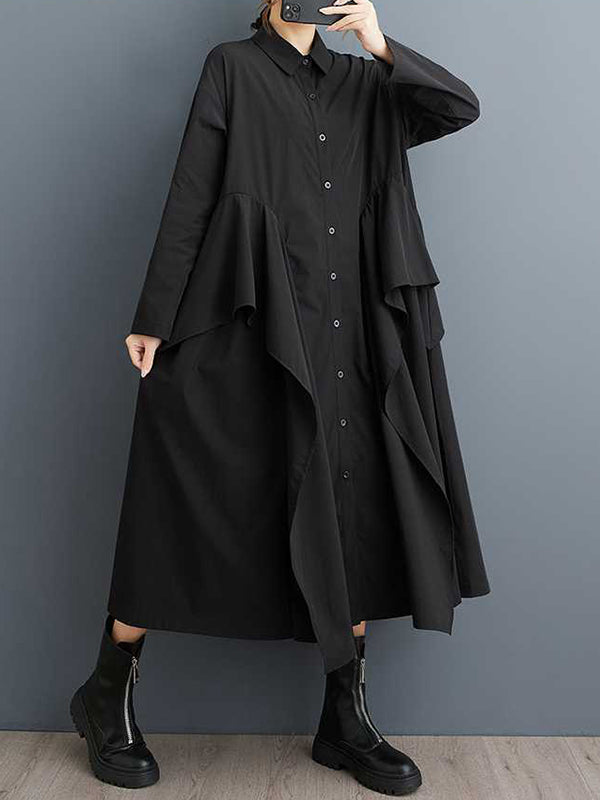 Robe noire unique à manches longues et revers boutonnés, bordure à volants et patchwork TW018 