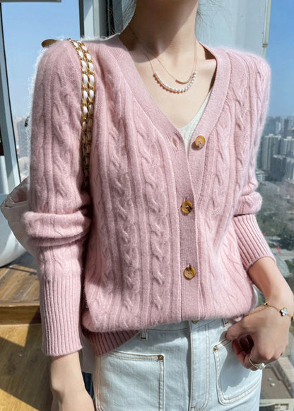 Italian Pink V Neck Solid Cable Wool Knit Cardigans Fall QP015