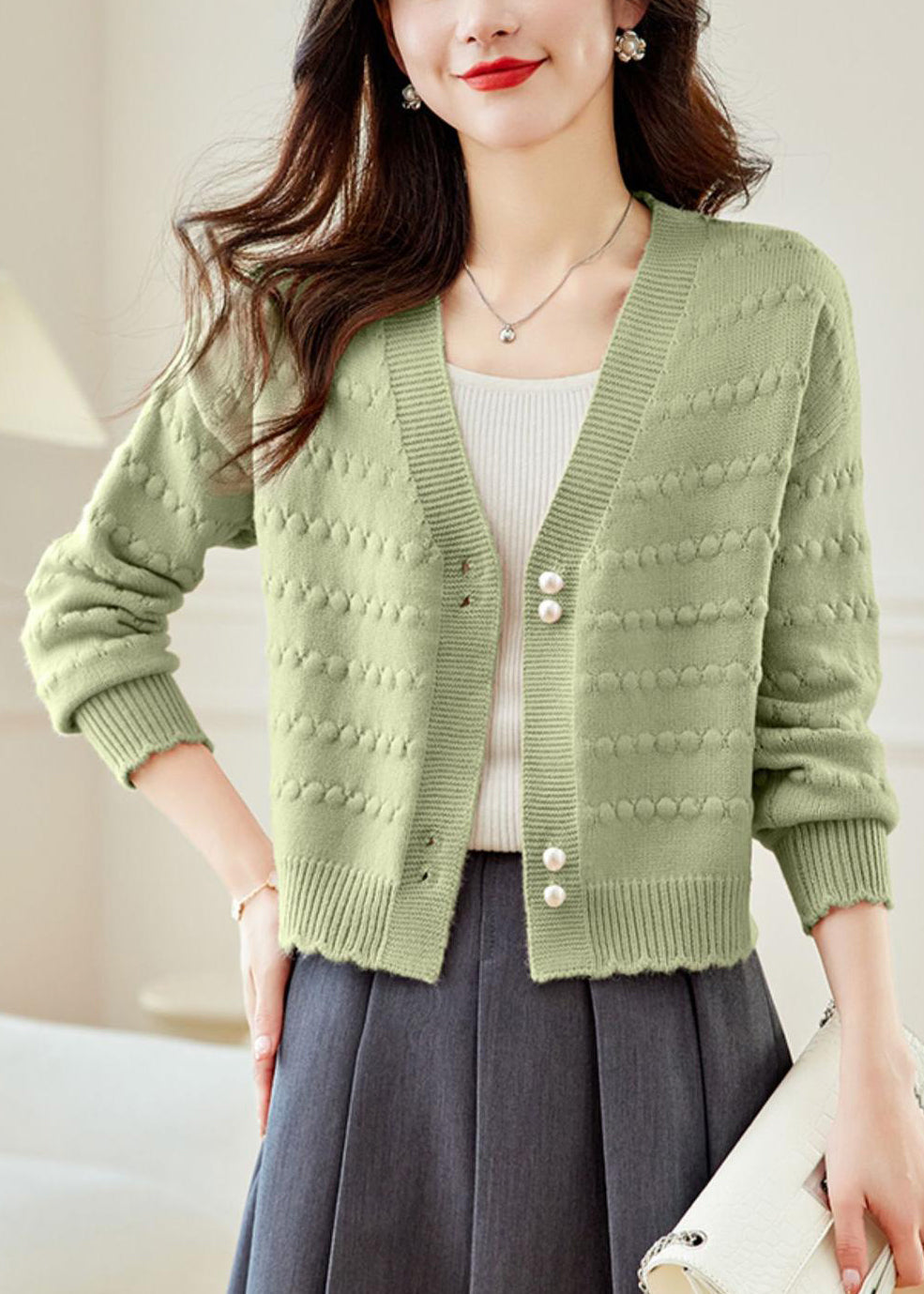 Vogue Green V Neck Button Knit Coat Fall QC030