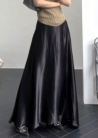 New Black Solid High Waist Silk Maxi Skirts Summer QP064