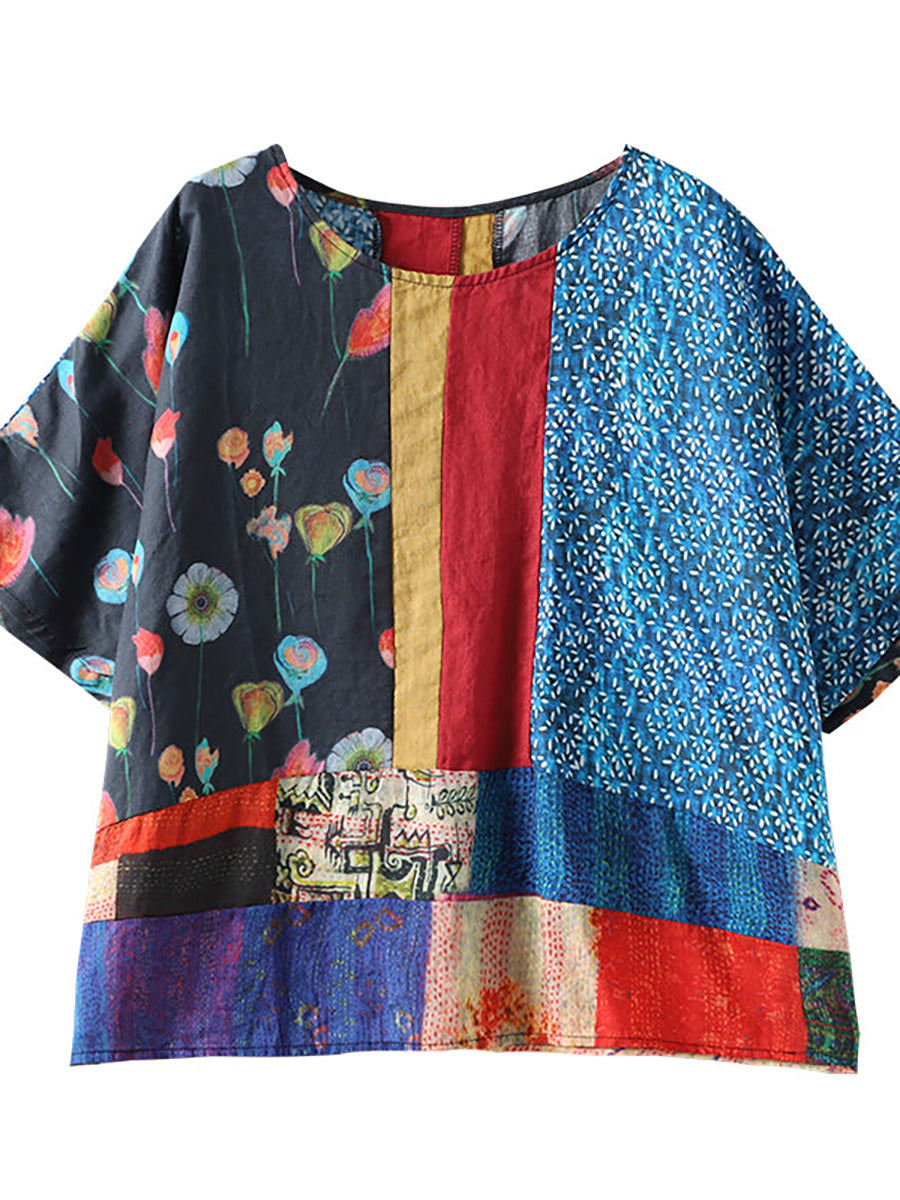 Plus Size Summer Printed Women Floral Loose Linen T-shirt QW1032
