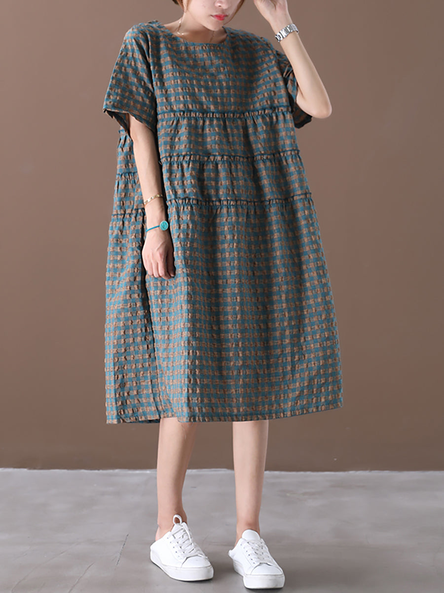 Plus Size Summer Plaid Round Neck Cotton Linen Midi Dress XX1060