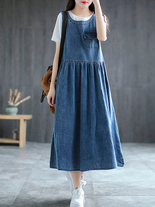 Plus Size Denim Pleated Long Sleeveless Pinafore Dress AI1083