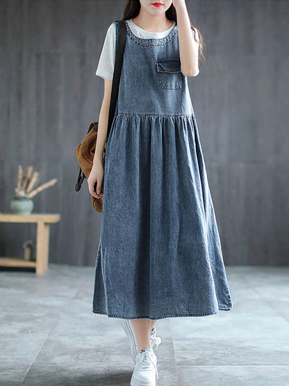 Plus Size Denim Pleated Long Sleeveless Pinafore Dress AI1083