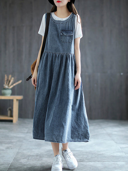 Plus Size Denim Pleated Long Sleeveless Pinafore Dress AI1083