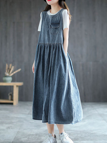 Plus Size Denim Pleated Long Sleeveless Pinafore Dress AI1083