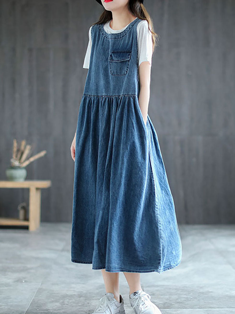 Plus Size Denim Pleated Long Sleeveless Pinafore Dress AI1083