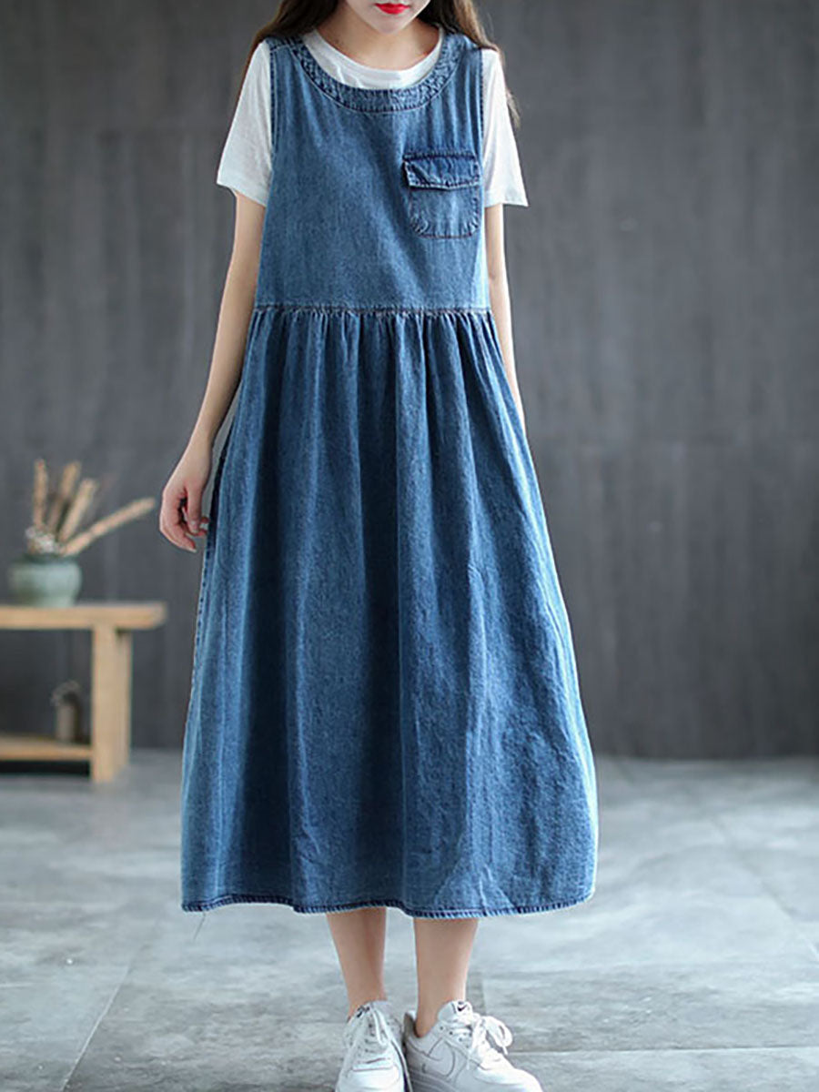 Plus Size Denim Pleated Long Sleeveless Pinafore Dress AI1083