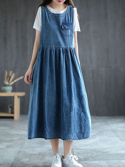 Plus Size Denim Pleated Long Sleeveless Pinafore Dress AI1083