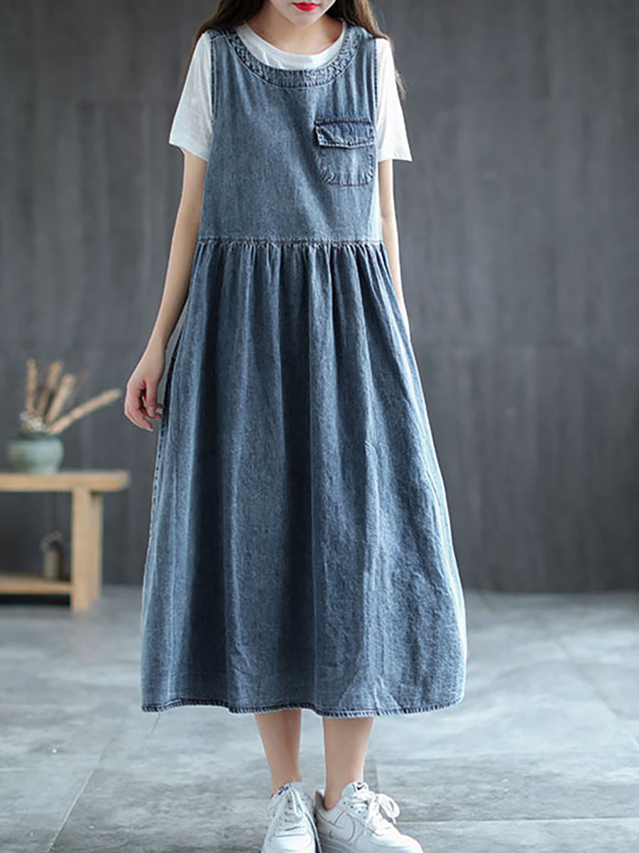 Plus Size Denim Pleated Long Sleeveless Pinafore Dress AI1083