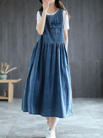 Plus Size Denim Pleated Long Sleeveless Pinafore Dress AI1083