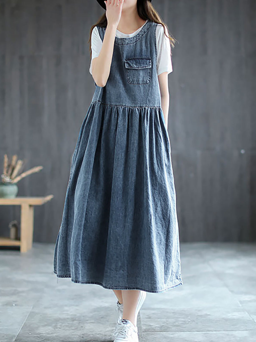 Plus Size Denim Pleated Long Sleeveless Pinafore Dress AI1083