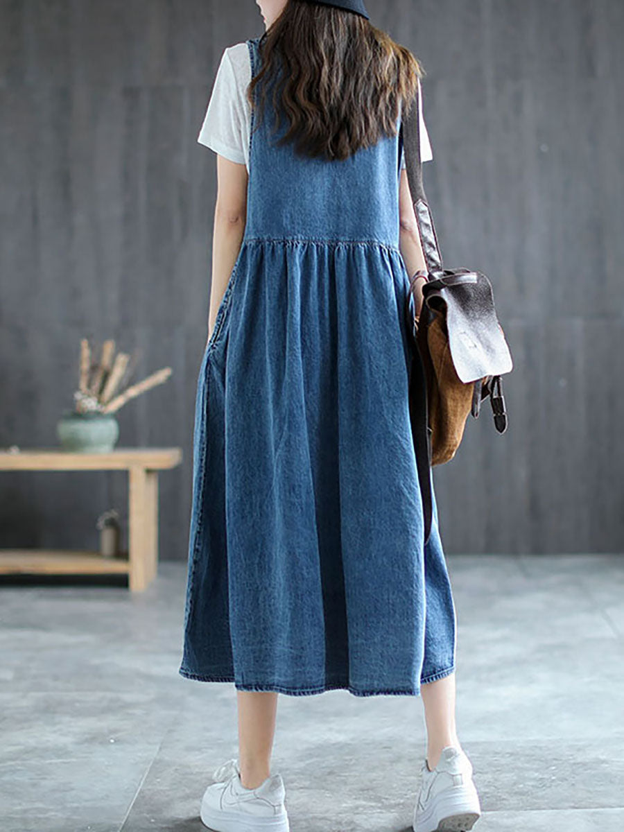 Plus Size Denim Pleated Long Sleeveless Pinafore Dress AI1083