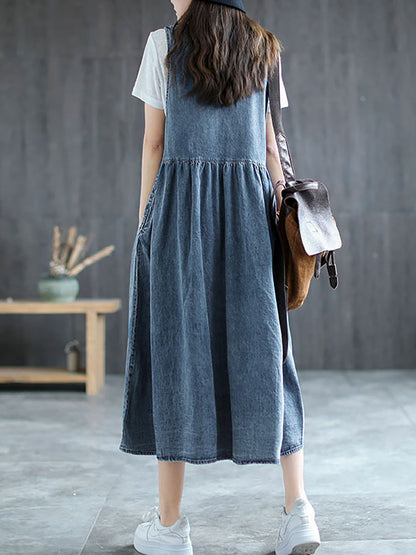 Plus Size Denim Pleated Long Sleeveless Pinafore Dress AI1083