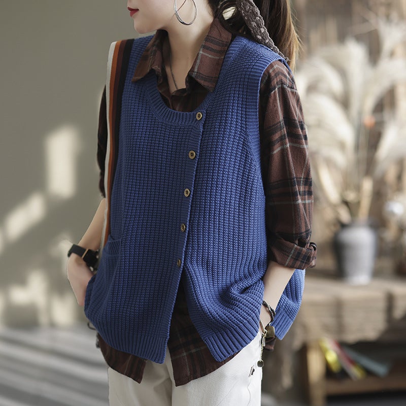 Women Winter Knitted Button Sleeveless Vest Waistcoat Sweater OP1017