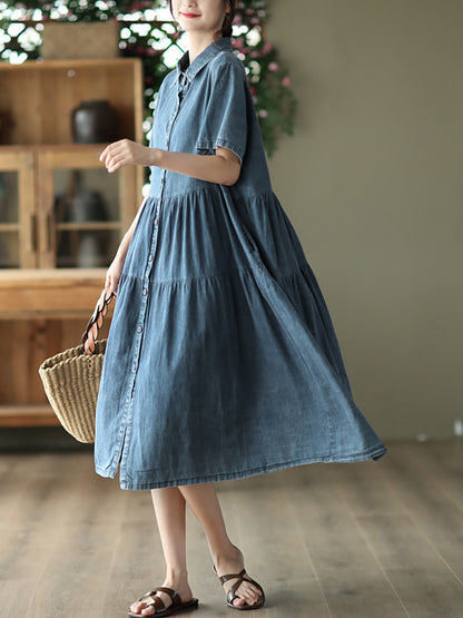 Women Summer Casual Solid Button-up Pleated Dress LL024