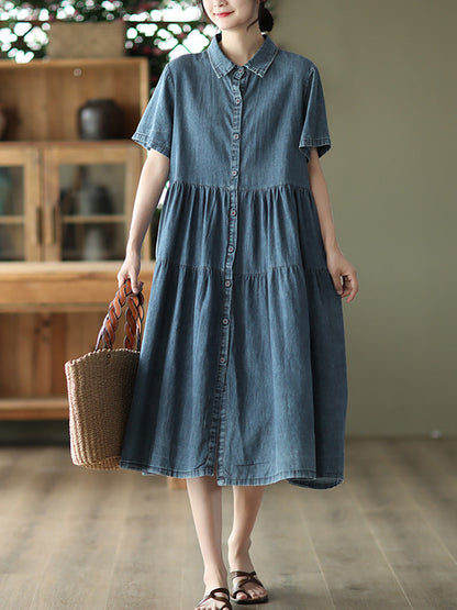 Women Summer Casual Solid Button-up Pleated Dress LL024