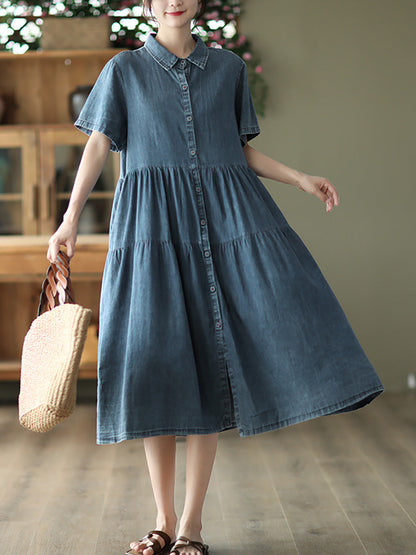 Women Summer Casual Solid Button-up Pleated Dress LL024