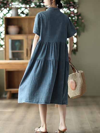 Women Summer Casual Solid Button-up Pleated Dress LL024