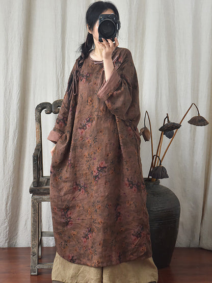 Plus Size Floral Autumn Vintage Linen Women Loose Dress AI1082