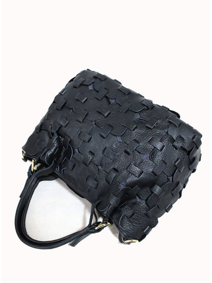 Women Fashion Genuine Leather Plaid Spliced Handbag AH1075