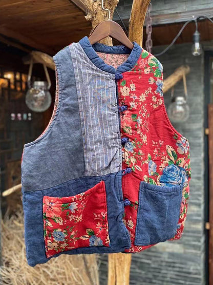 Women Autumn 100%Linen Vintage Patchwork Loose Vest AH1029