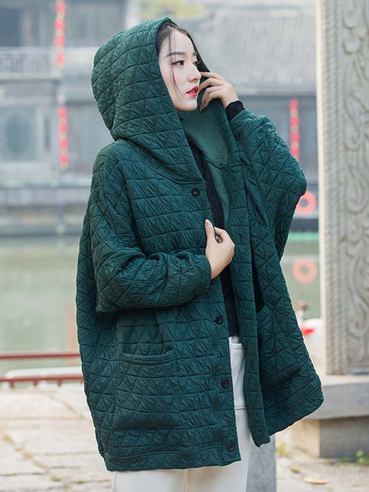 Plus Size Women Winter Casual Button Pocket Hooded Coat CX062