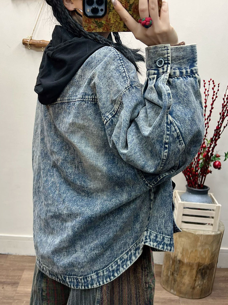 Women Spring Retro Irregular Patch Pocket Denim Coat AT1031