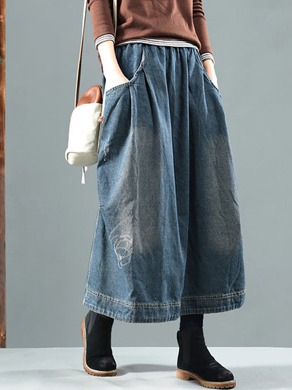 Women Retro Fade Pocket Elastic Waist Denim Skirt AI1012