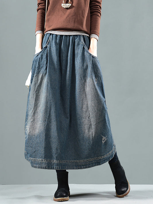 Women Retro Fade Pocket Elastic Waist Denim Skirt AI1012