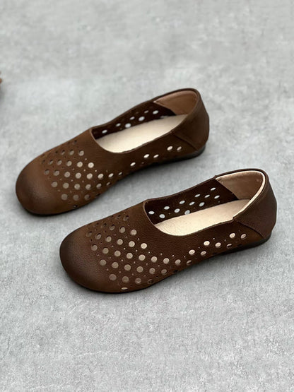 Women Summer Geniune Leather Hollow Out Flat Shoes HH025