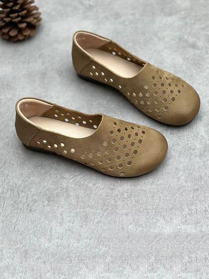 Women Summer Geniune Leather Hollow Out Flat Shoes HH025