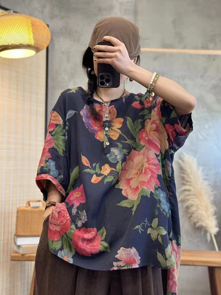 Plus Size Women Summer Casual Flower Button Loose Pullover Shirt HH054