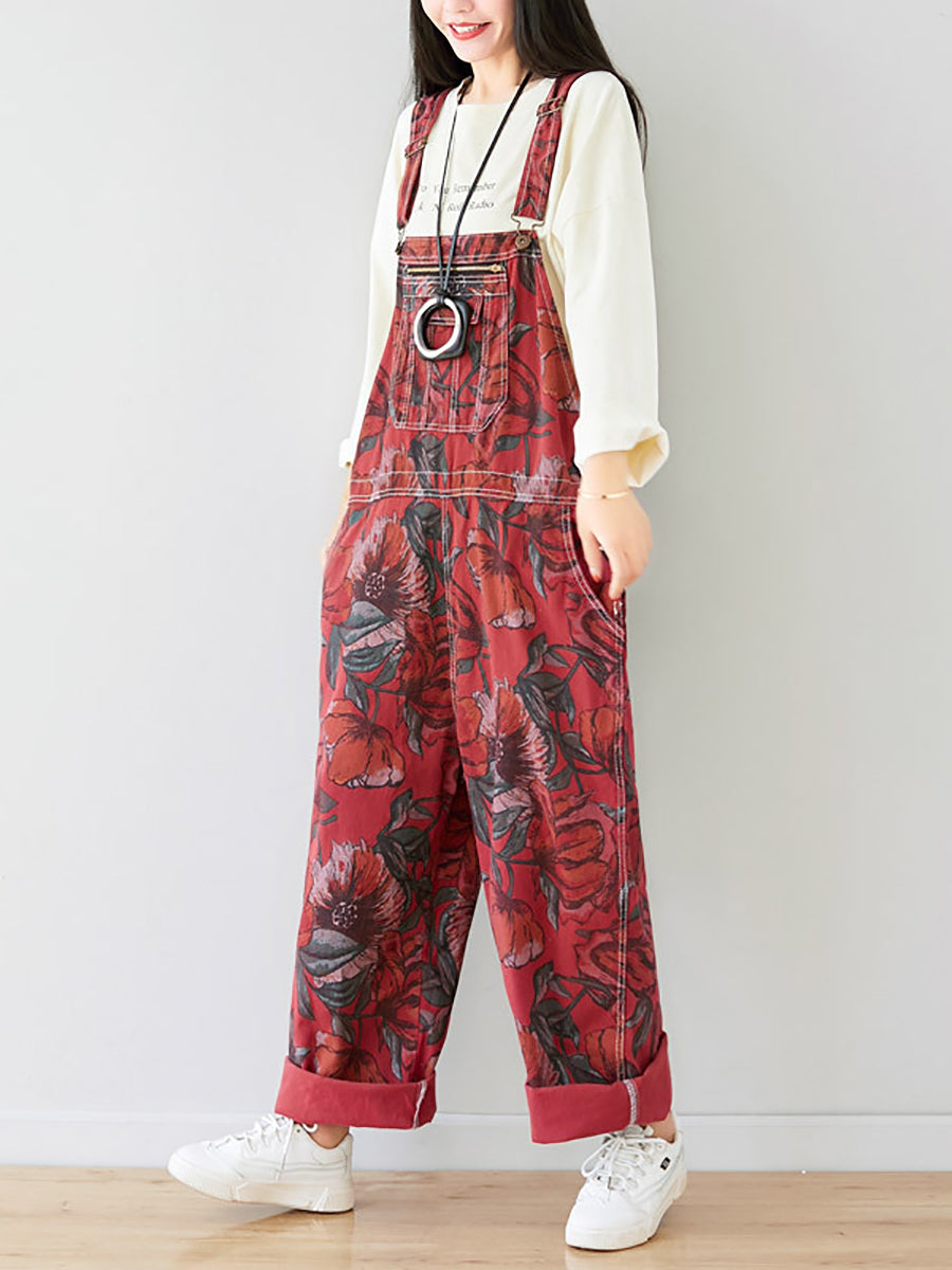 Women Autumn Artsy Flower Pocket Loose Denim Jumpsuits AI1071