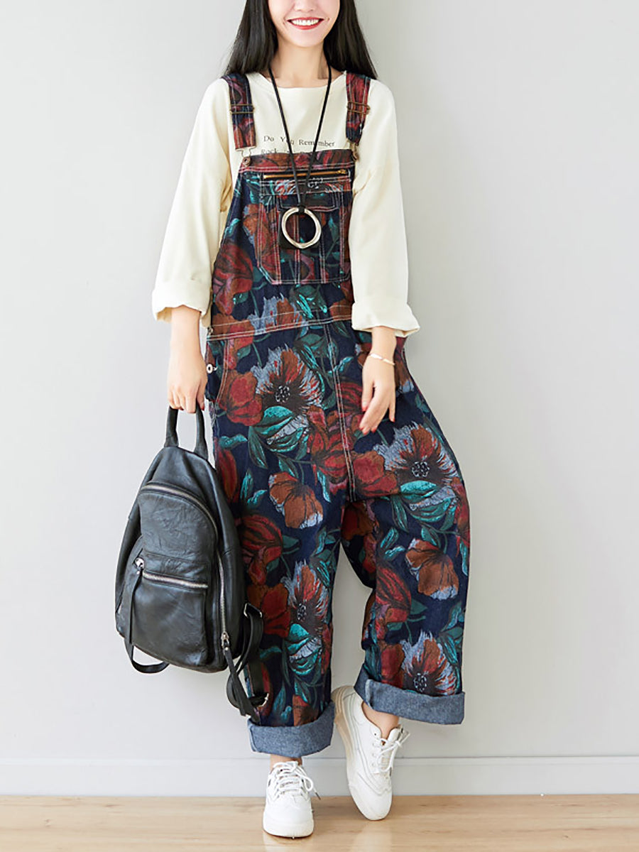 Women Autumn Artsy Flower Pocket Loose Denim Jumpsuits AI1071