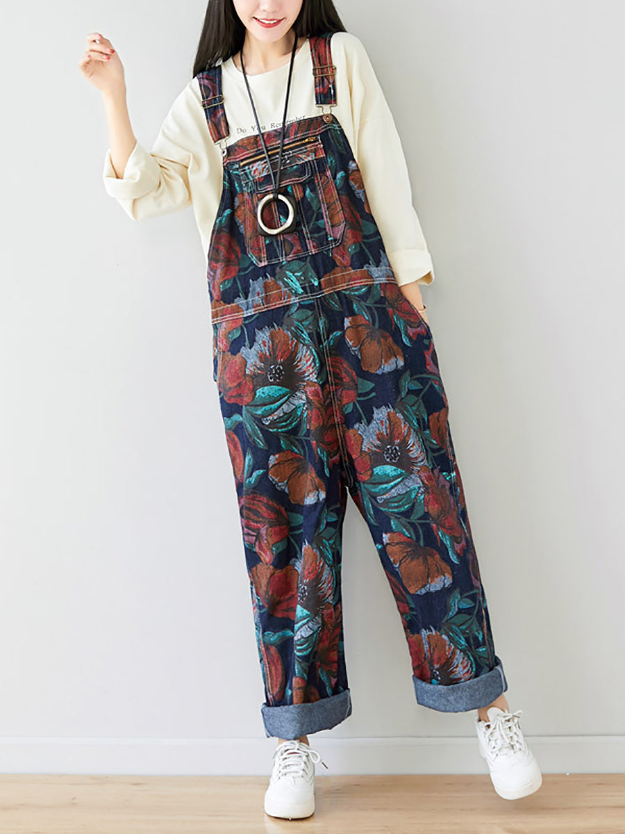 Women Autumn Artsy Flower Pocket Loose Denim Jumpsuits AI1071